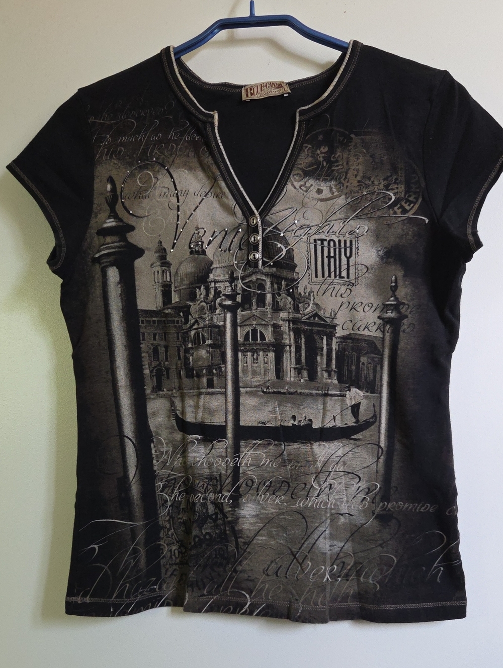 Vintage Blue Canyon Y2K Venice Italy Graphic Rhinestone V-Neck Top